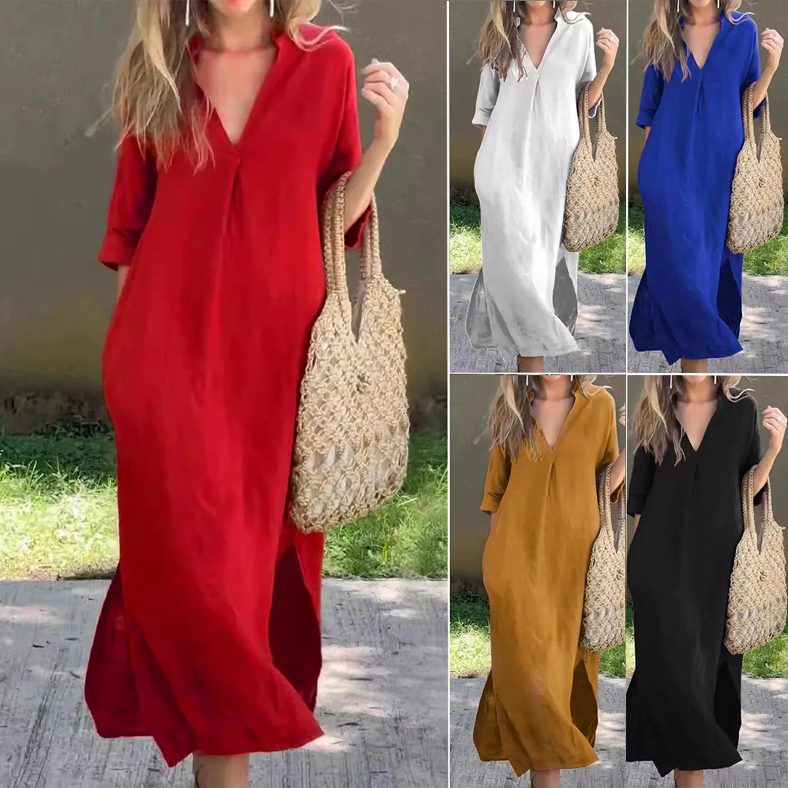 Womens Cotton And Linen Sundress 2024 Summer Fashion V Neck Long Maxi Dress Solid Color Short Sleeved Loose Casual Beach 240627