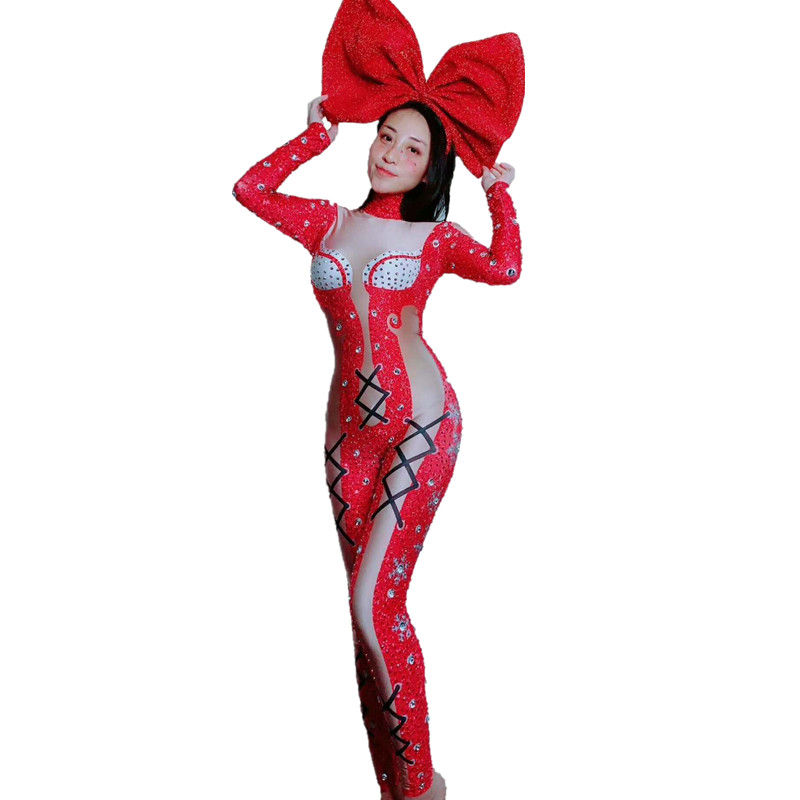 Christmas Party Stage Costumes Women Rhinestones Jumpsuit Stretch Rompers Performance Cosplay Outfit Singer Dancer Bodysuits