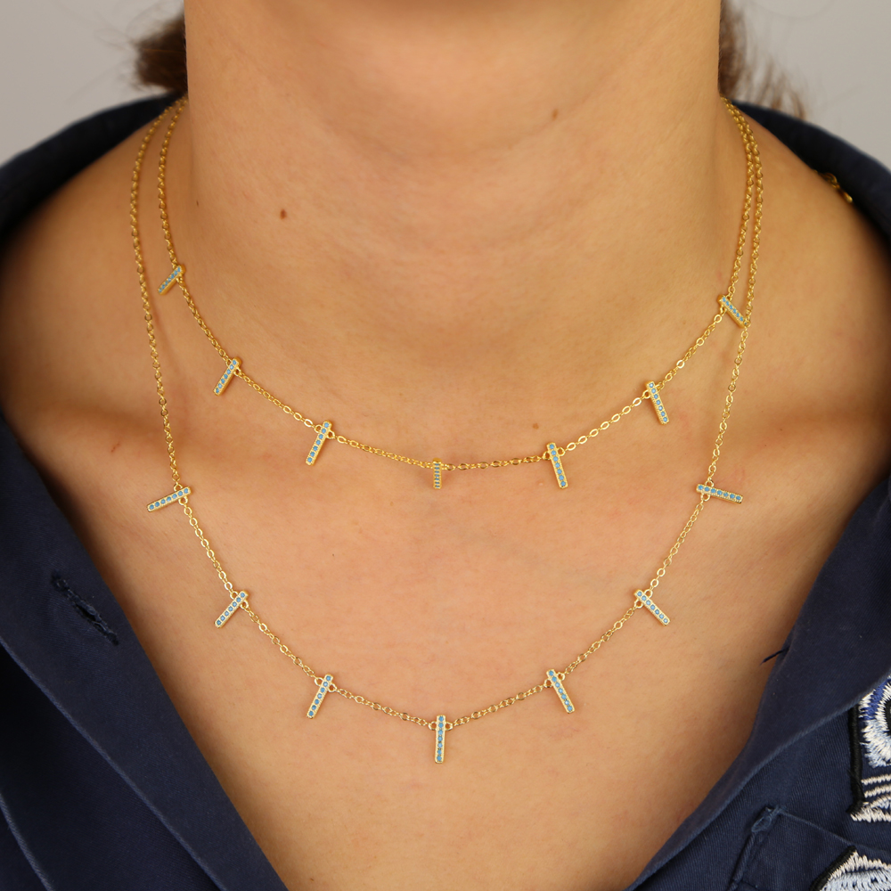 925 Sterling Silver Mother's Day Gift Simple Multi Layers Tassels Bar Charm Jewelry Pave Blue-Turquoises Delicate Necklaces 2024