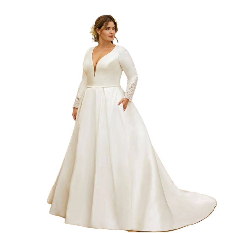 Plus Size Satin Wedding Dresses With Pockets Long Sleeves A-Line Ivory Long Simple Wedding Gowns Lace Appliques Court Train Outdoor Bride Dress