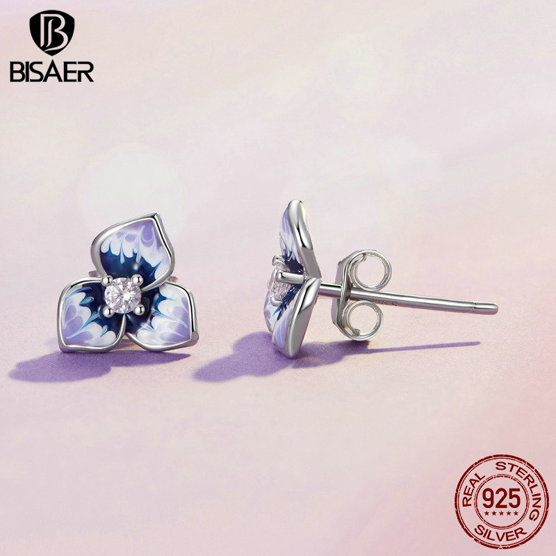 BISAER 925 Sterling Silver Pansy Flower Stud Earrings Enamel Purple Plated Platinum Ear Clip For Woman Party Fine Jewelry EFE860