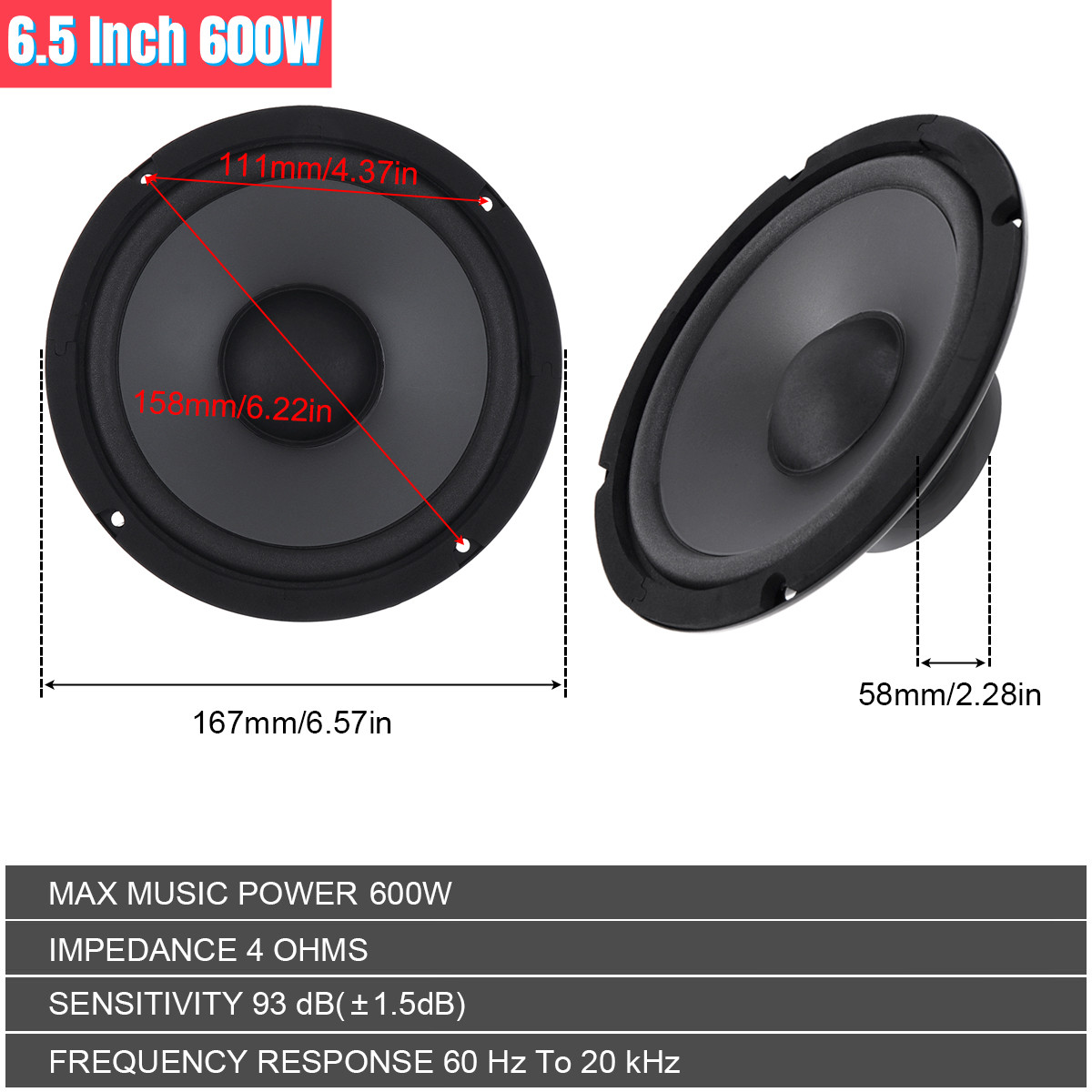 1 Piece 4/5/6.5 Inch 400W 500W 600W 2-Way Car HiFi Coaxial Speaker Vehicle Door Audio Music Stereo Full Range Frequency Speakers