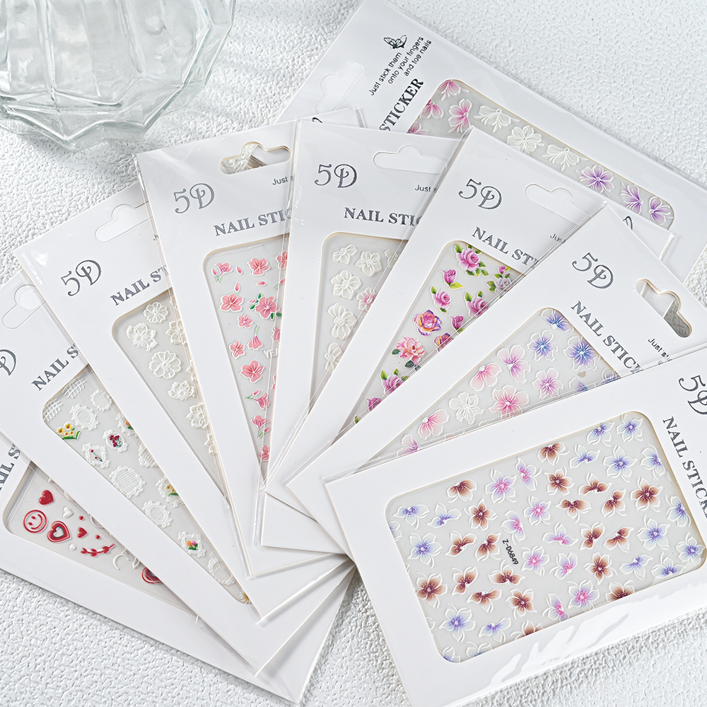 1PC 5D Nail Stickers Embossed Colorful Flower Engraved Design With Textured Self-Adhesive Slider Decals Manicure Nail Art Decora