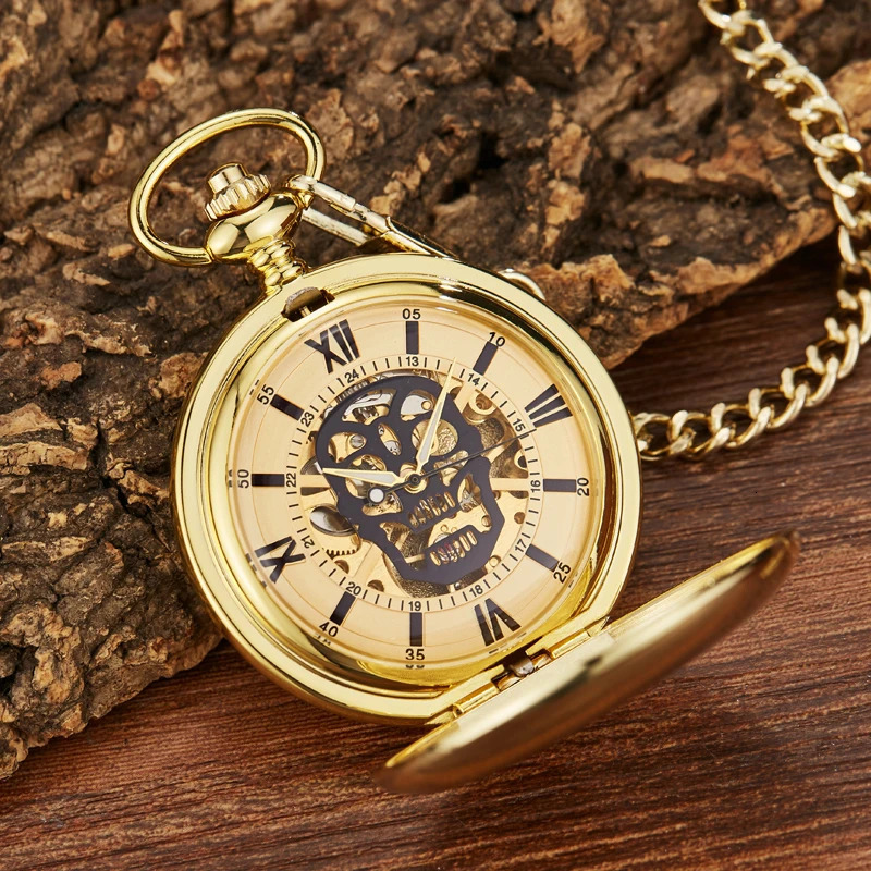 Gold Skull Mechanical Pocket Watch Steampunk Skeleton Hand-wind Flip Clock Fob Watch With Chain For Men Women Collection 240626