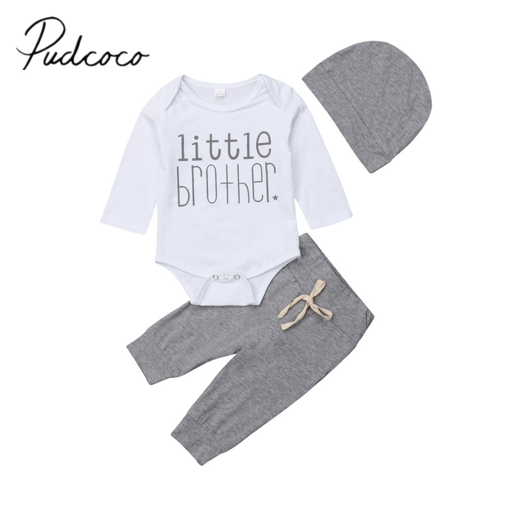 Autumn Winter 0-18M Newborn Infant Kid Baby Boys Clothes Sets 3PCS Letter Long Sleeve Romper Tops+Grey Pants+Hats New Style 2021
