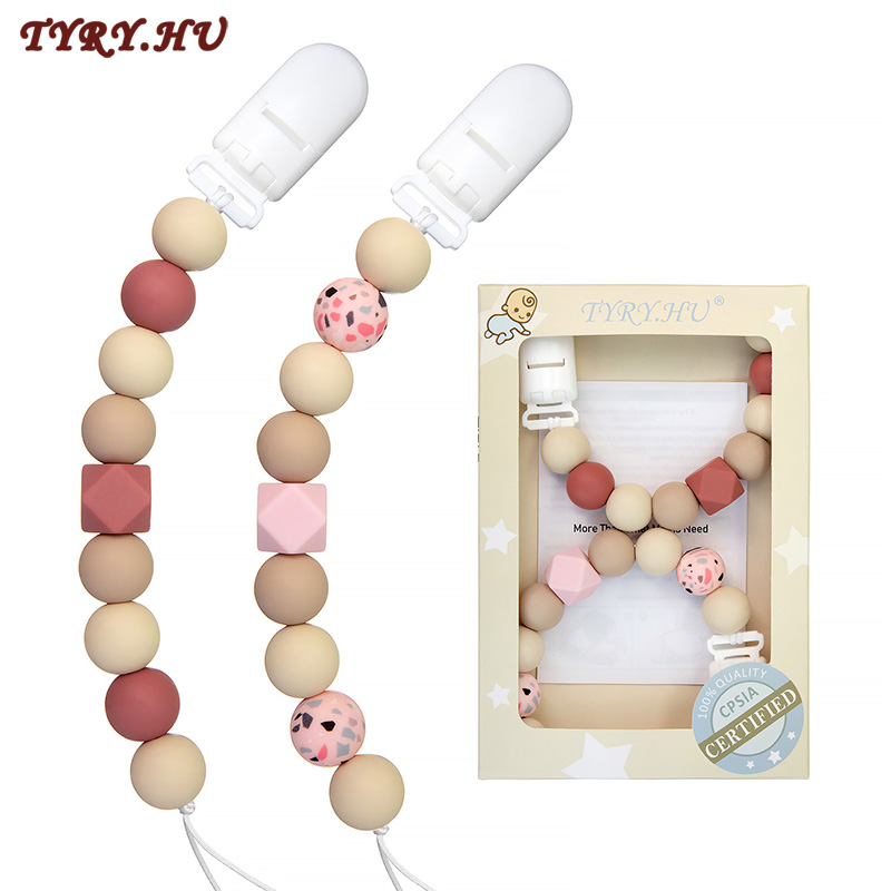 TYRY.HU Pacifier Clip Soother Chains for Babies BPA Free Soft Silicone Teething Beads Teether Pacifier Holder 2pcs With Boxs