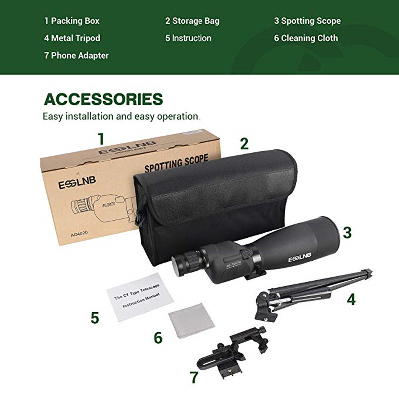 Spotting Scope with Tripod Cell Phone Adapter 25-75 X 70 BAK4 Target Scope Straight Eyepiece Waterproof Spotting Scopes