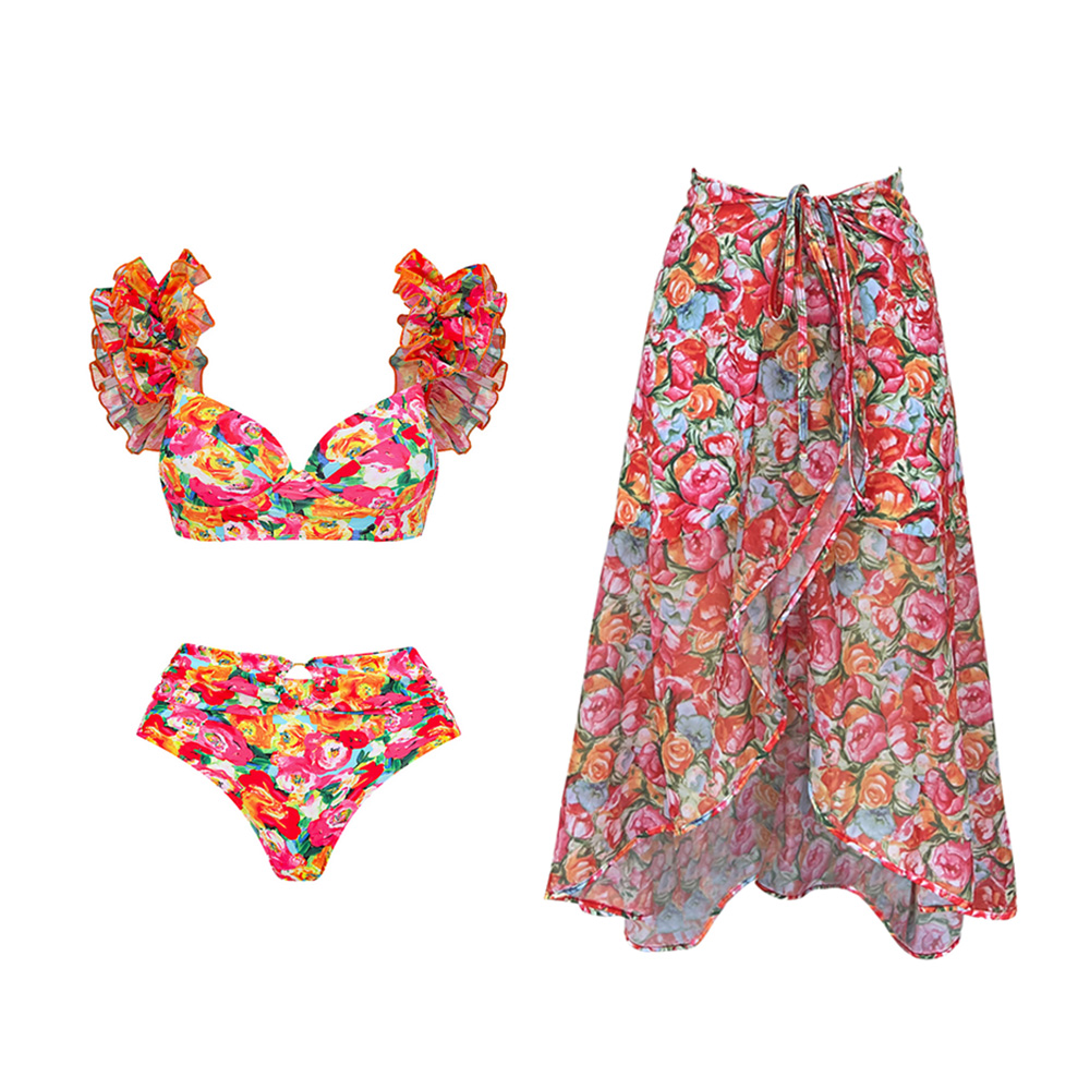 2024 3Pc High Quality Ruffle Bikini Set With Cover Up Floral Swimsuit Women Print Bathing Suit Push Up Biquini Female Beachwear