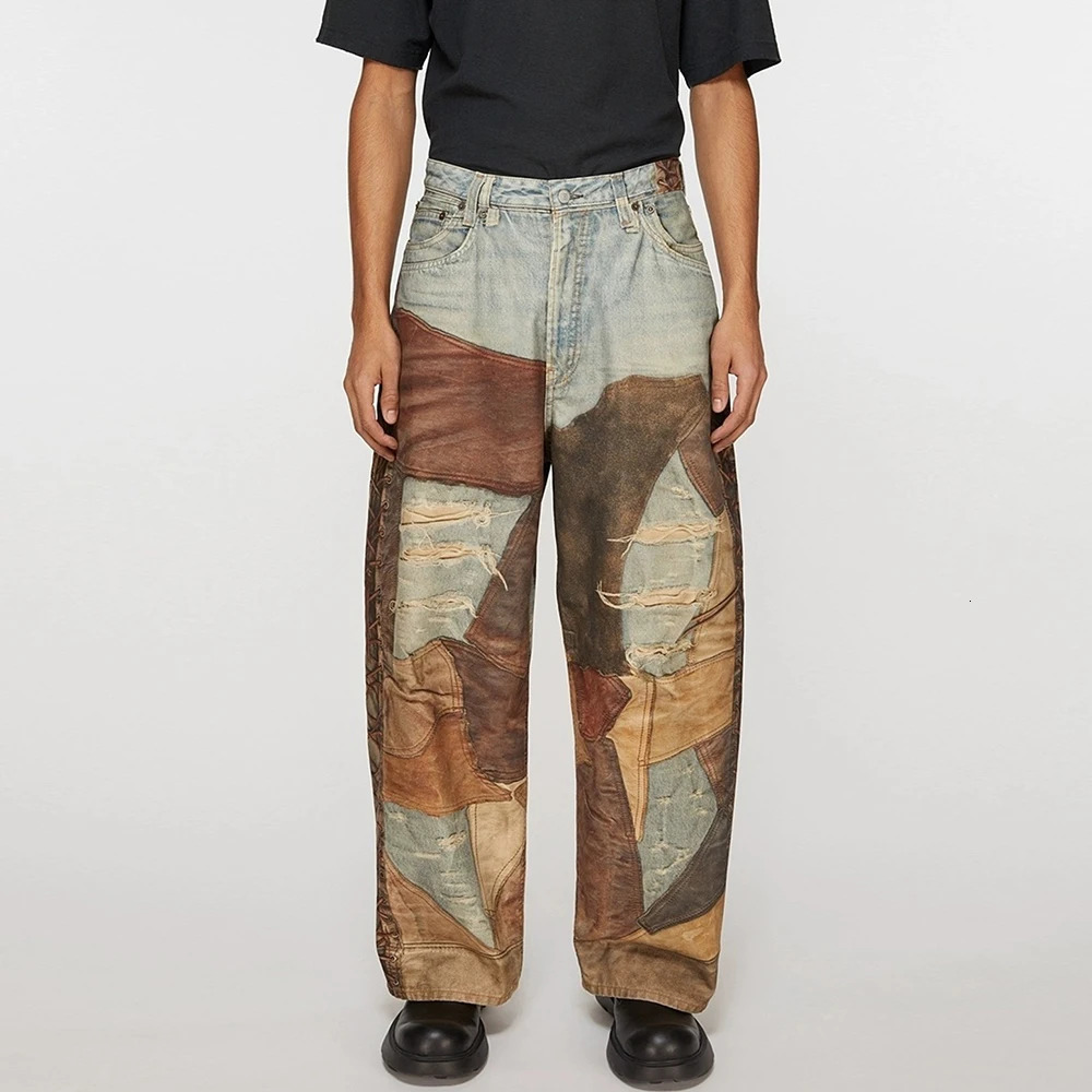 Autumn Frayed Patchwork Baggy Jeans Pants for Men and Women Straight Ripped Casual Denim Trousers Oversized Loose Cargos 240626