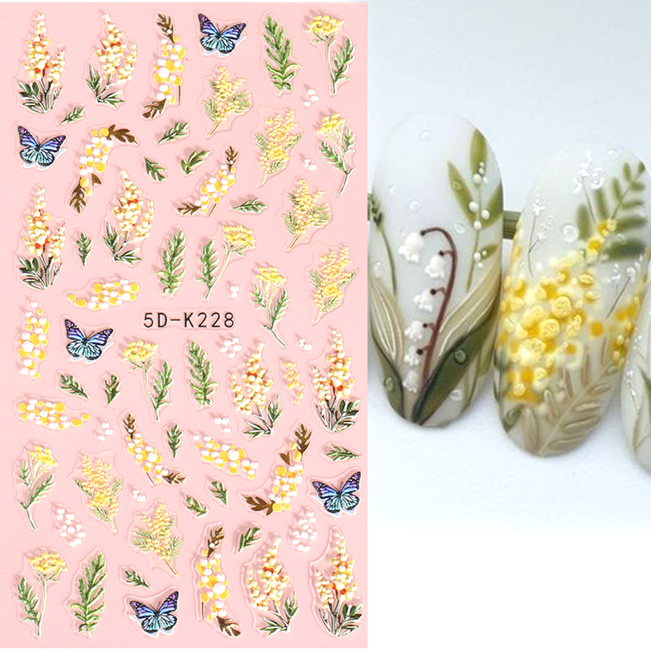 5D Acrylic Embossed Nail Art Stickers Yellow Mimosa Butterfly Daisy Flower Gel Polish Engraved Manicure Sliders Nail Tips BE5D-K
