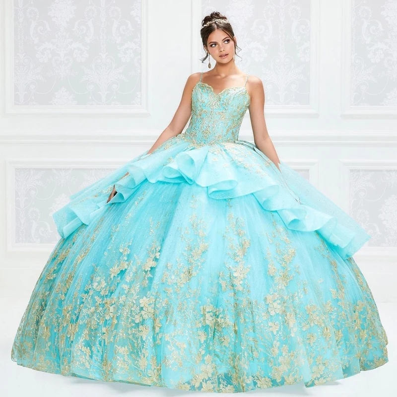 Princess Quinceanera Dresses 2025 Gold Appliques Sweetheart Spaghetti Strap Ball Gown Sweet 16 Lace-Up Vestidos 15 Anos