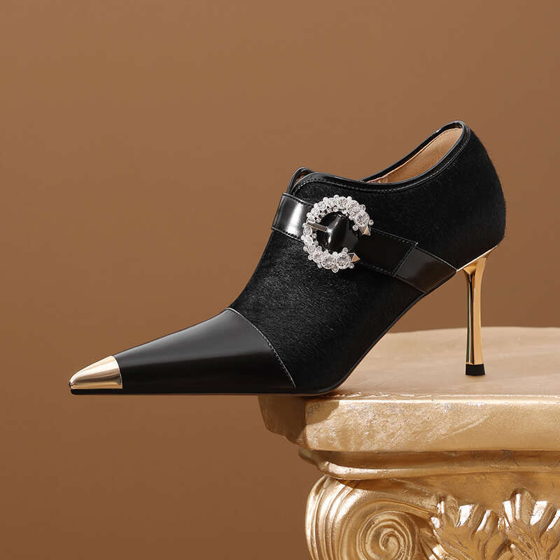 Women Elegant Horsehair Pointed Toe Heels Pumps Zip
