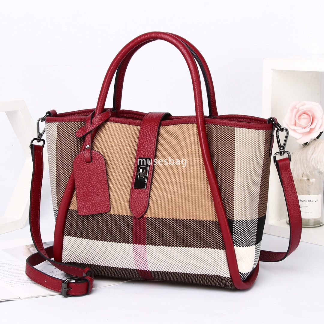 Crowdsourced design street trend contrasting color wing for women new and trendy carrying plaid canvas bag large capacity cowhide handbag 4449 4