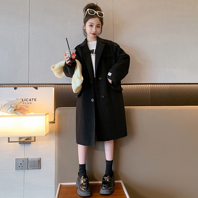 Elegant Wool Blends for Children Streetwear Vintage Teenage Girl Jackets Loose Autumn Winter Coats Woolen Overcoat Korean Kids