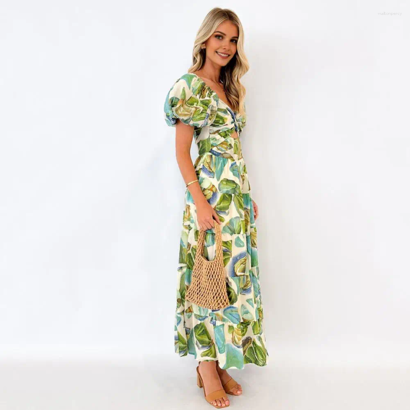 Casual Dresses V-neck Summer Dress Women All-over Print Colorful Bubble Sleeve Maxi With Off-shoulder Design Pleated Hem