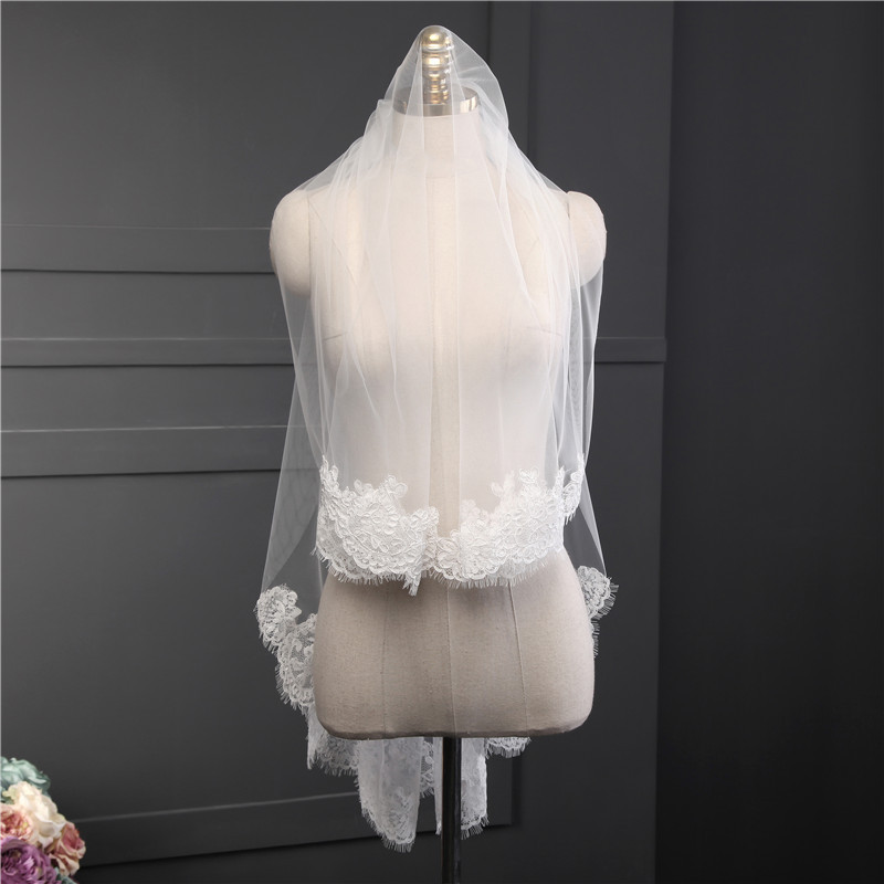 Hot Sale Two Layer Short Wedding Velo White Ivory Tulle Bride Veil Lace Edge Cheap Voile Mariage Wedding Accessories In Stock