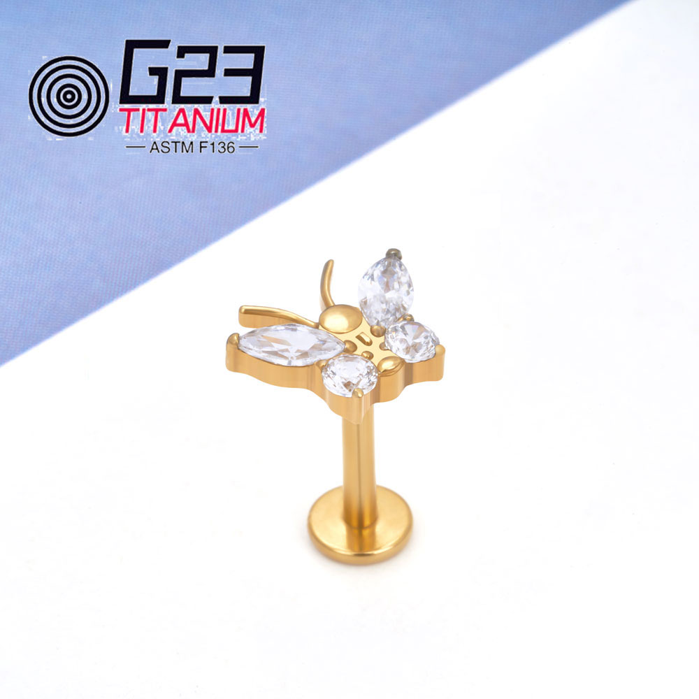 Newest Butterfly G23 ASTM F136 Titanium CZ Insect Stud Earring Labret Monroe Cartilage Helix Tragus Conch Flat body Piercing