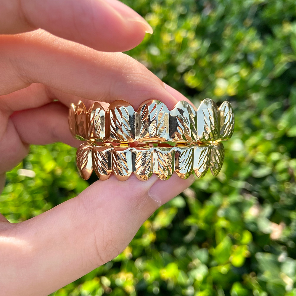 RACHELZ Hip Hop 8/8 Pattern Tooth Caps Gold Plated Teeth Grillz Braces Punk Dental Grills For Men Women Body Jewelry
