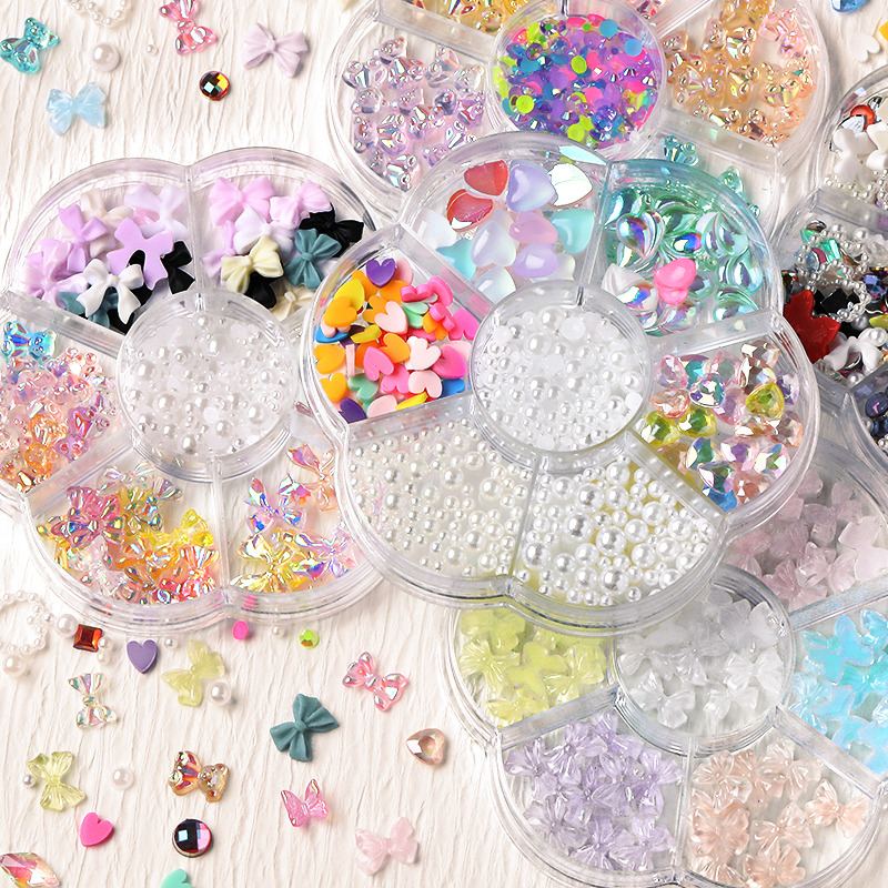 7Grids Mixed Styles Rhinestone Pearl 3D Decorations Bowknot Aurora Butterfly Beads Studs Crystals Nail Art Manicure Accessories