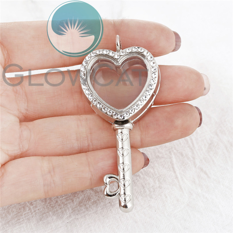 Heart Key Magnetic Glass Floating Charms Locket Pendant Living Memory Photo Lockets 5 Styles