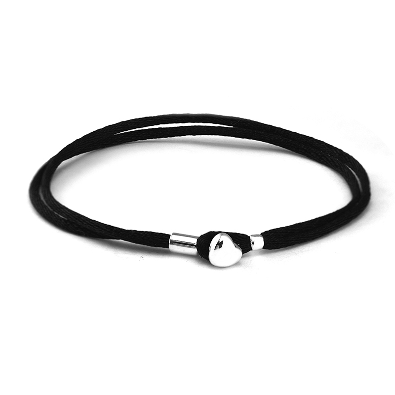 Black Fabric Cord Bracelet With Heart Buckle Sterling Silver Jewelry For Woman Fit Original Beads & Charms Jewelry