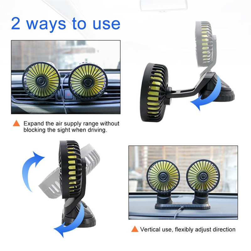 12V/24V 360 Degree All-Round Adjustable Car Auto Air Cooling Dual Head Fan Low Noise Car Auto Cooler Air Fan Car Fan Accessories