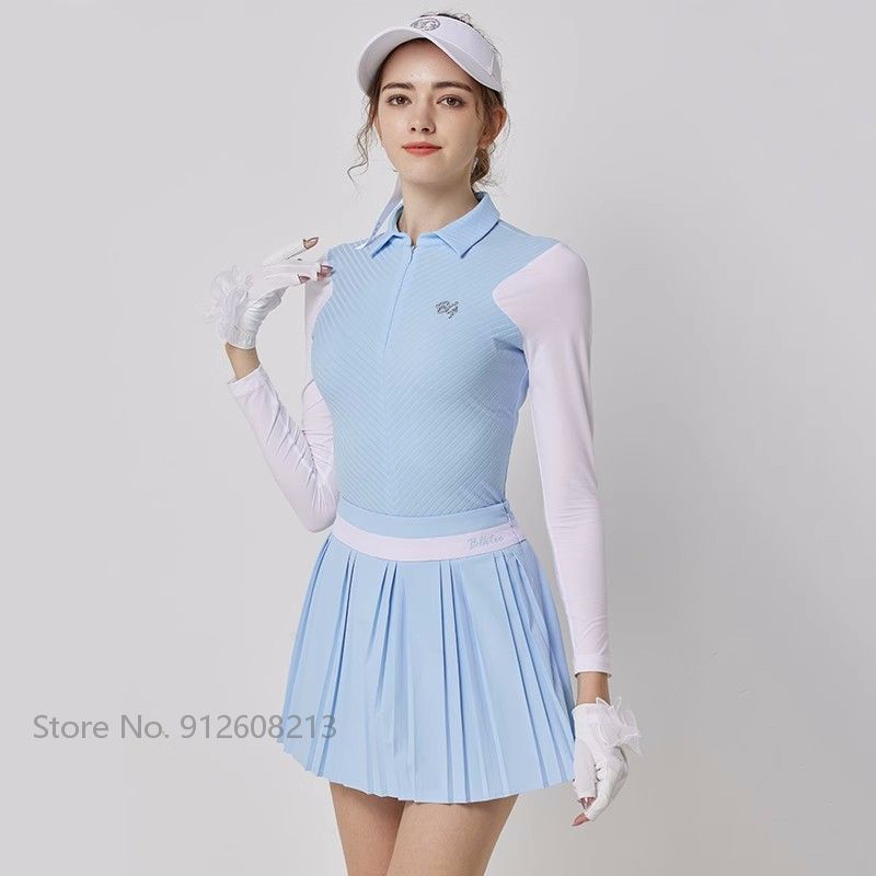 Blktee Summer Lady Long Sleeve Sunscreen Golf Shirt Ice Silk Tops Zipper Collar T-Shirt Women Pleated Skirt High Waist Skort Set