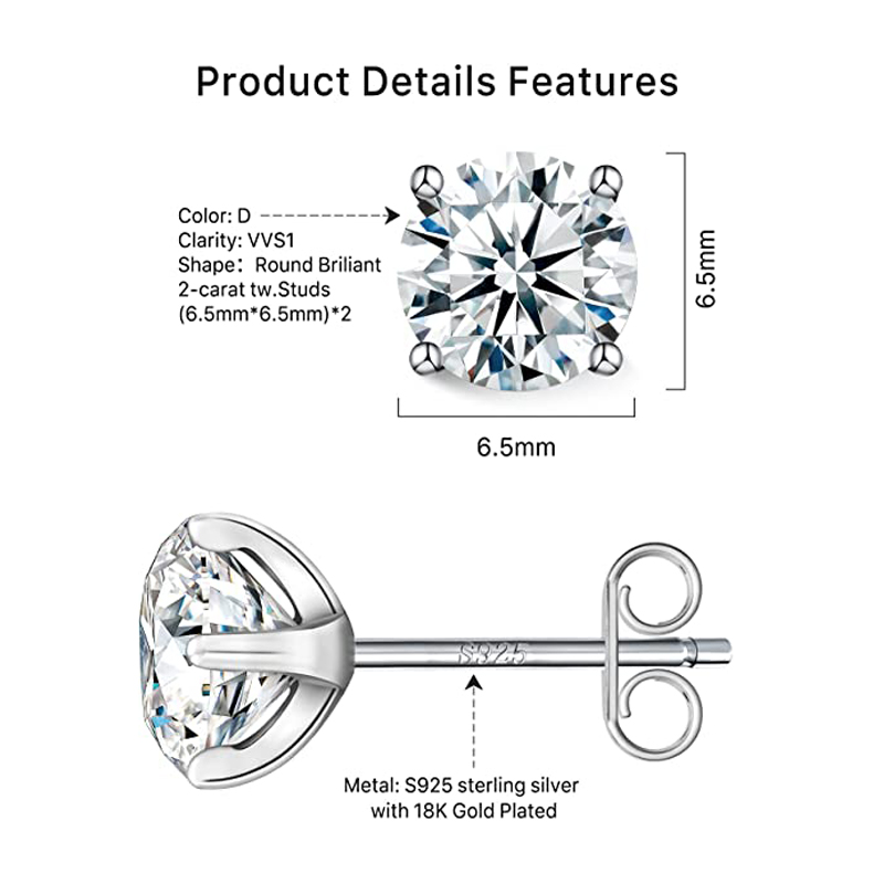Real Moissanite Stud Earrings Women 18K White Gold Plated 925 Sterling Silver 4 Prong Brilliant Diamond Fine Jewelry Ear Studs