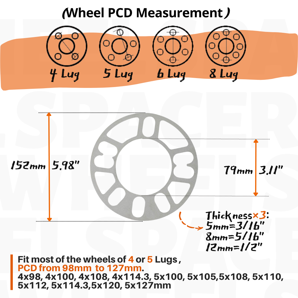 5/8/12mm Universal Wheel Spacers for Most 4 Lug & 5 Lug PCD 98 to 127 Bolts Pattern 5x100 5x108 5x110 Hub Wheel Adapters Qty(2)