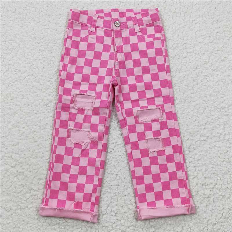 Wholesale Toddler Zipper Pants Kid Infant Pocket Black Checkered Children Denim Trousers Baby Boy broken-hole Jeans New Clothing