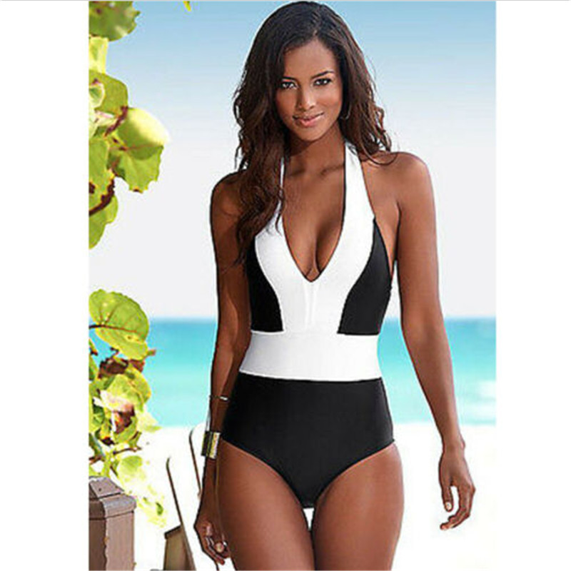 New One Piece Swimwear Women Sexy Halter Beach Wear Brazilian Swimsuit Black White Patchwork Push Up Bathing Suit Women Monokini