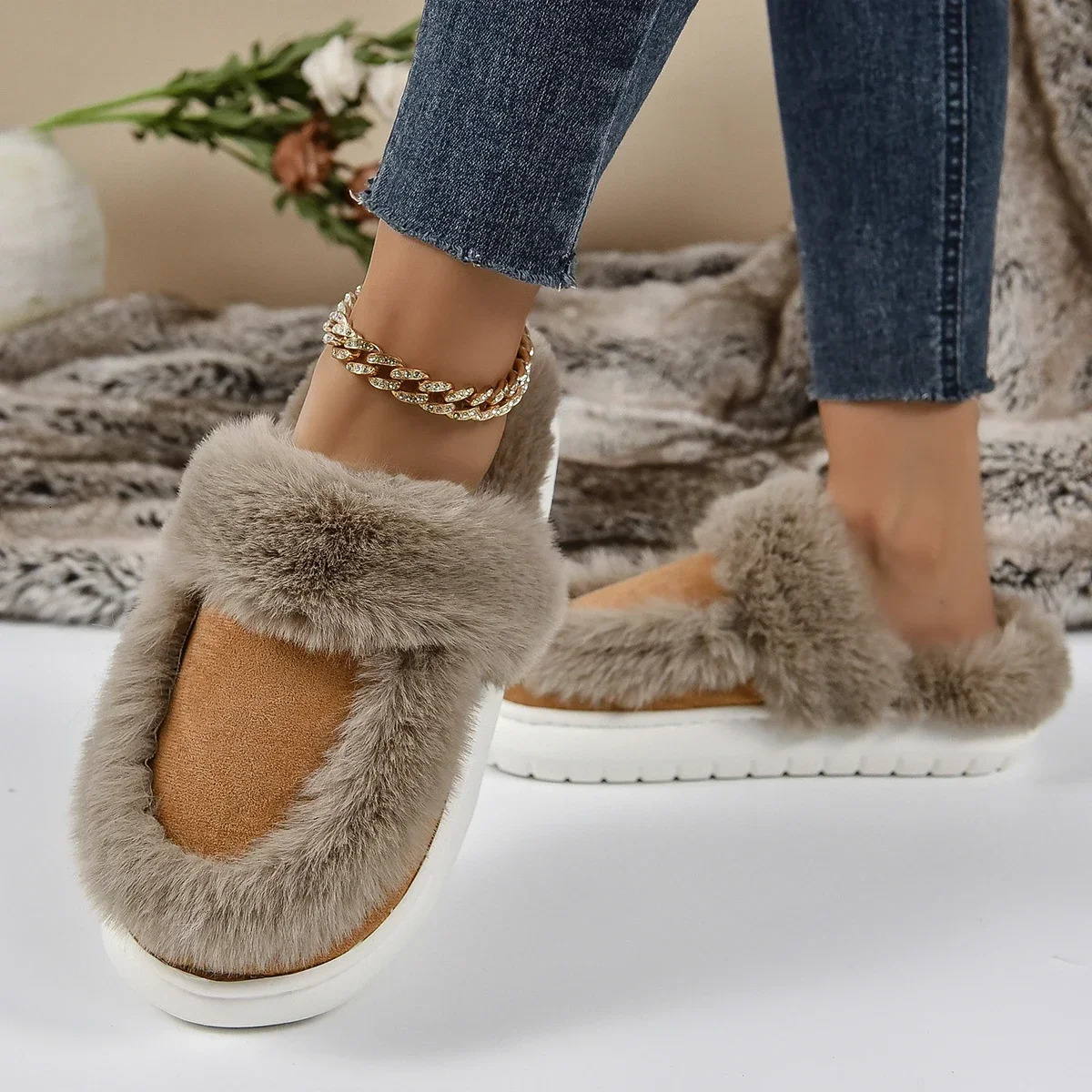 Winter Women Platform Fur Slippers Warm New Short Plush Flats Home Cotton Shoes Suede Slippers Slides Women Claquette Femme 240629