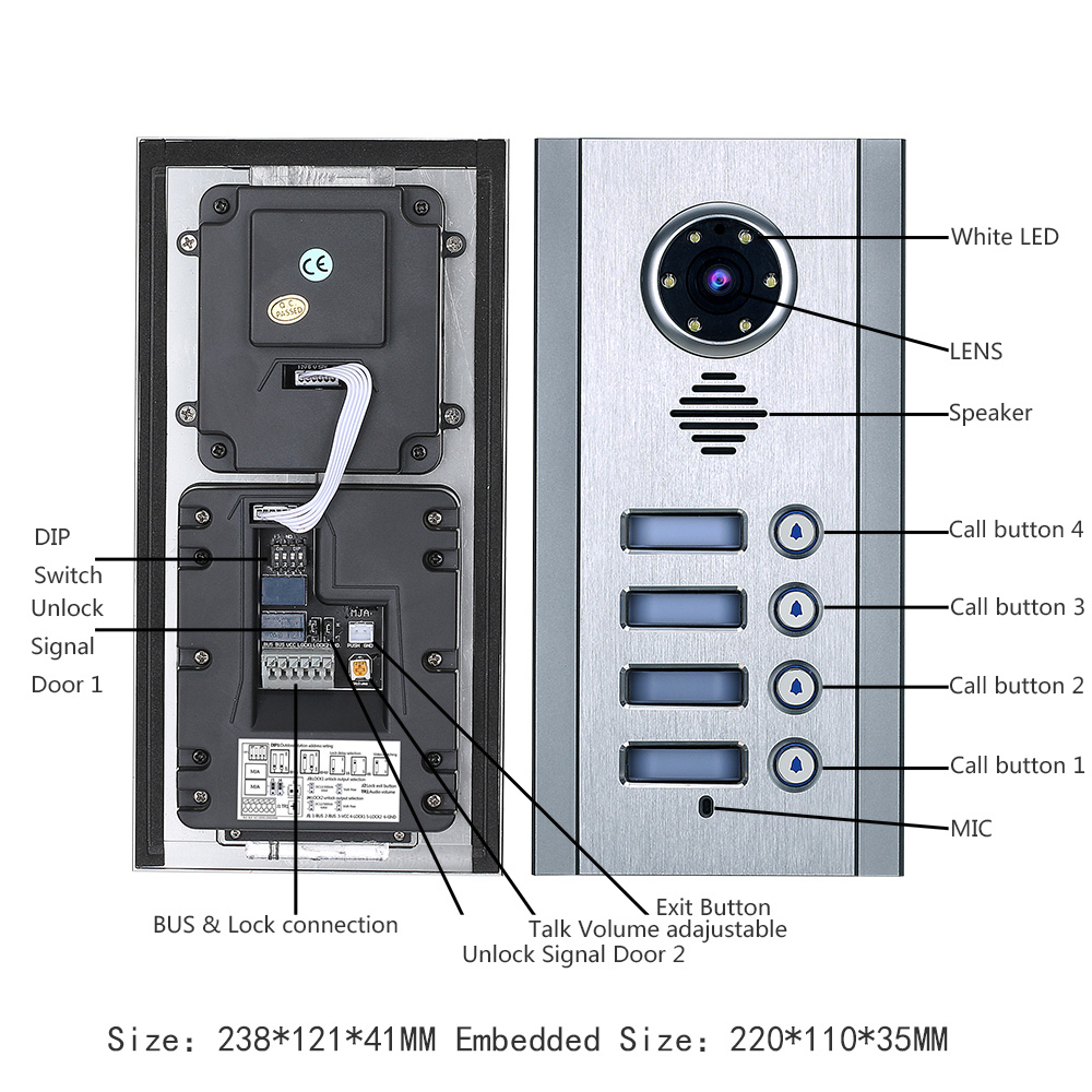 7 Inch BUS 2 Wire Video Door Phone Intercom systems Kit for home 1 Units 1/2/3/4 Camera Apartment Night Vision