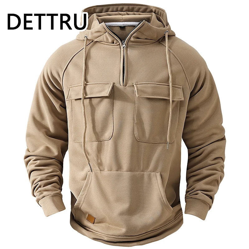 Mens Hoodies Sweatshirts Multi Pockets Male Hooded Jackets Outdoor Half Zipper 240620