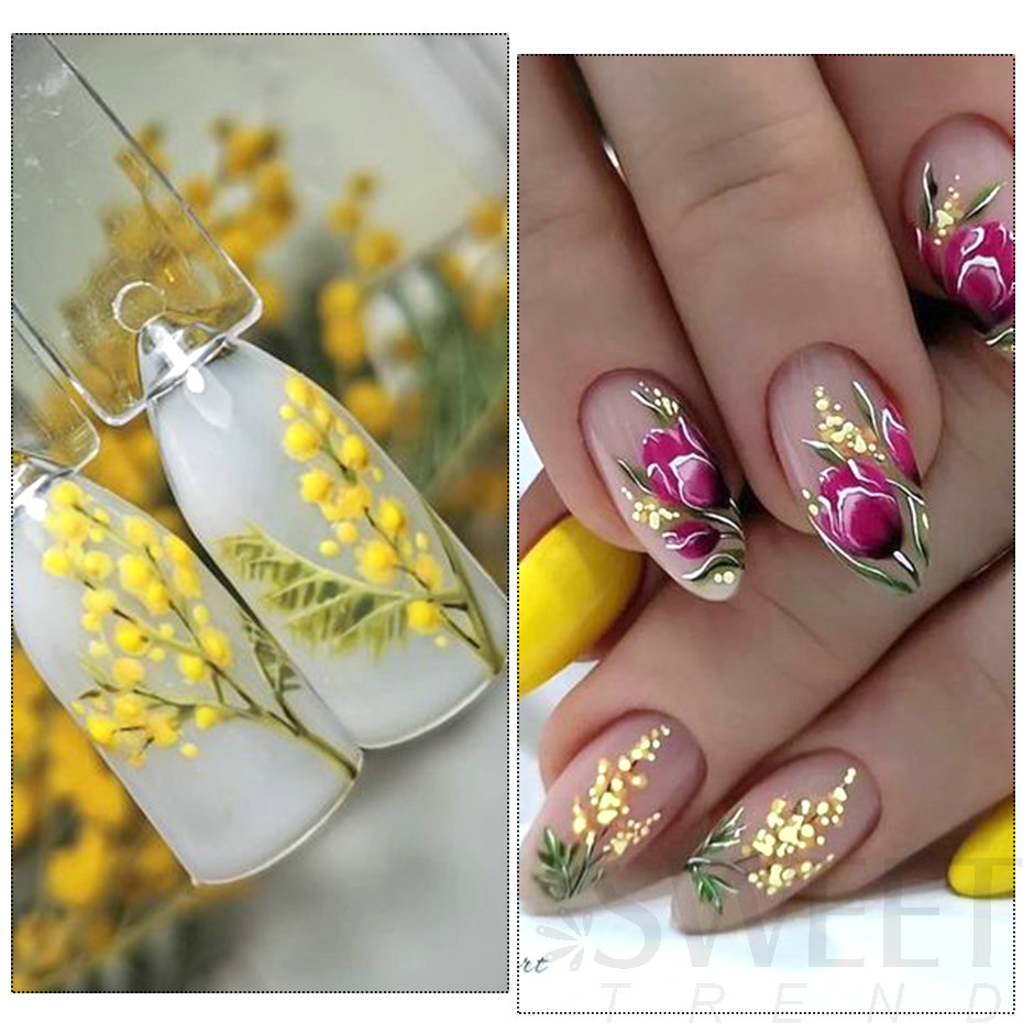 5D Acrylic Embossed Nail Art Stickers Yellow Mimosa Butterfly Daisy Flower Gel Polish Engraved Manicure Sliders Nail Tips BE5D-K