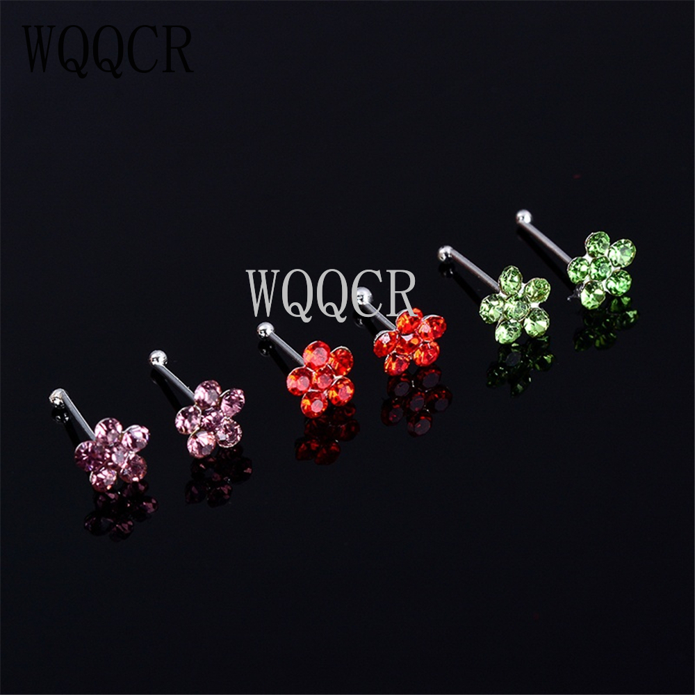 20 PCS/1 Box 925 Sterling Silver Nose Stud Nose Ring Body Puncture Jewelry Flower Crystal Nail Puncture Needle