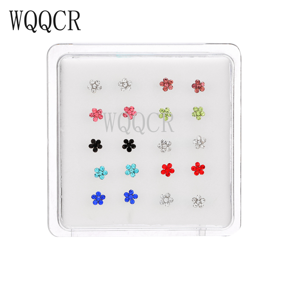 20 PCS/1 Box 925 Sterling Silver Nose Stud Nose Ring Body Puncture Jewelry Flower Crystal Nail Puncture Needle
