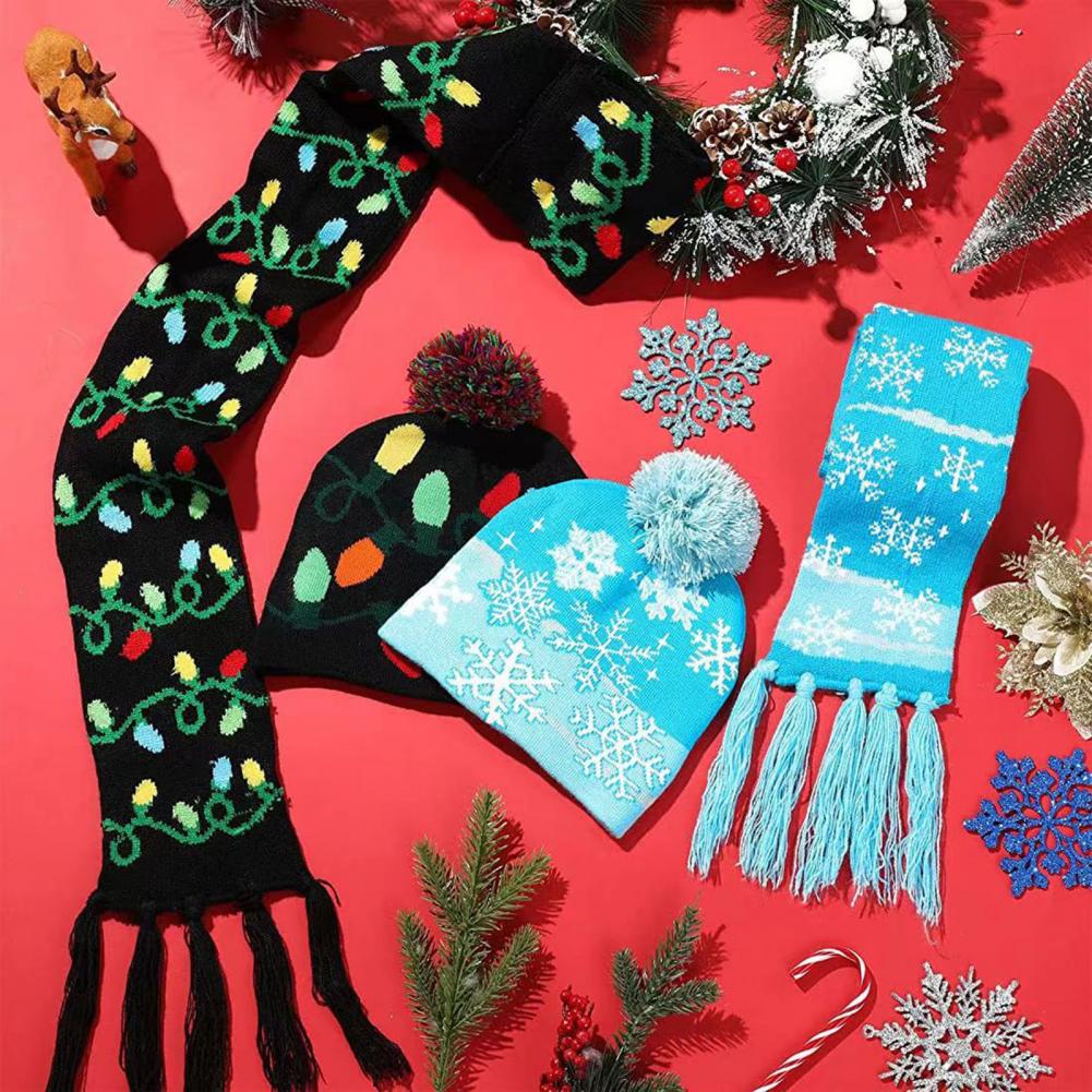 1 Set Hat Scarf Set LED Christmas Cap Snowflake Santa Elk Christmas Tree Print Bright Color Matching Unisex New Year Festive Tas