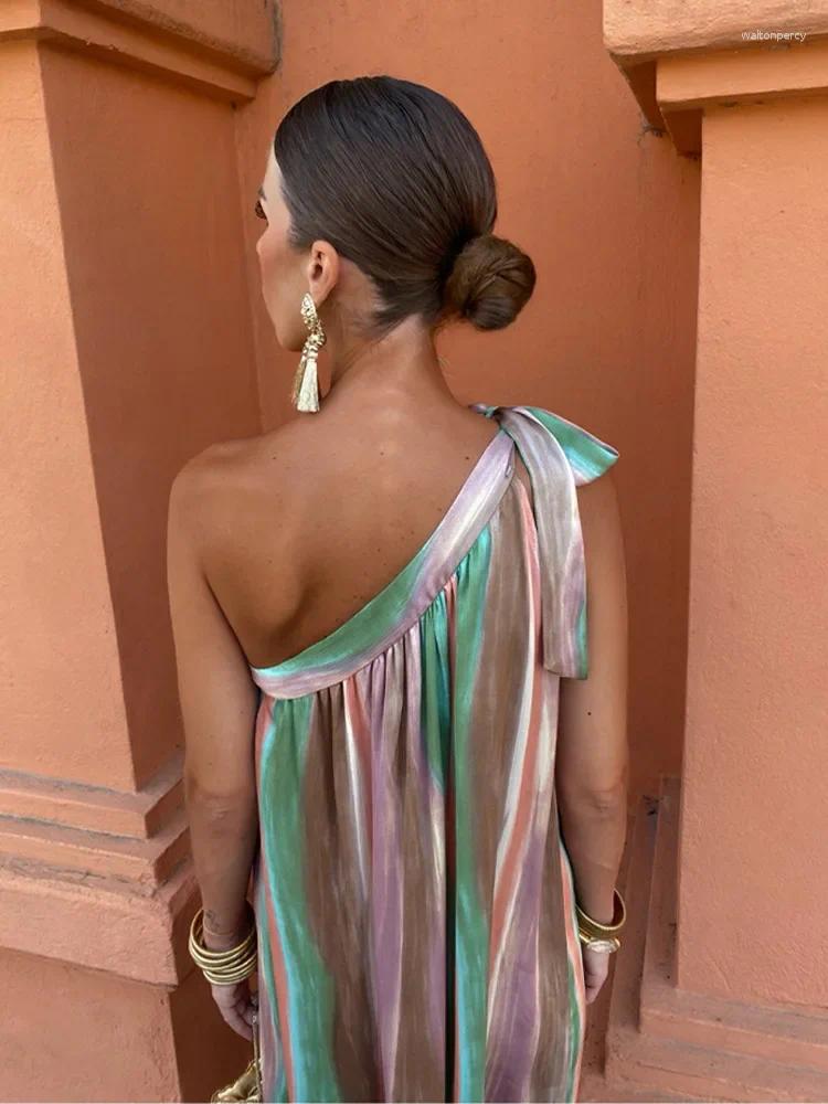 Casual Dresses Chic Gradient Printed Diagonal Collar Bow Lace Up Maxi Dress Women Sexy Backless Off Shoulder Sleeveless Robe Summer Lady