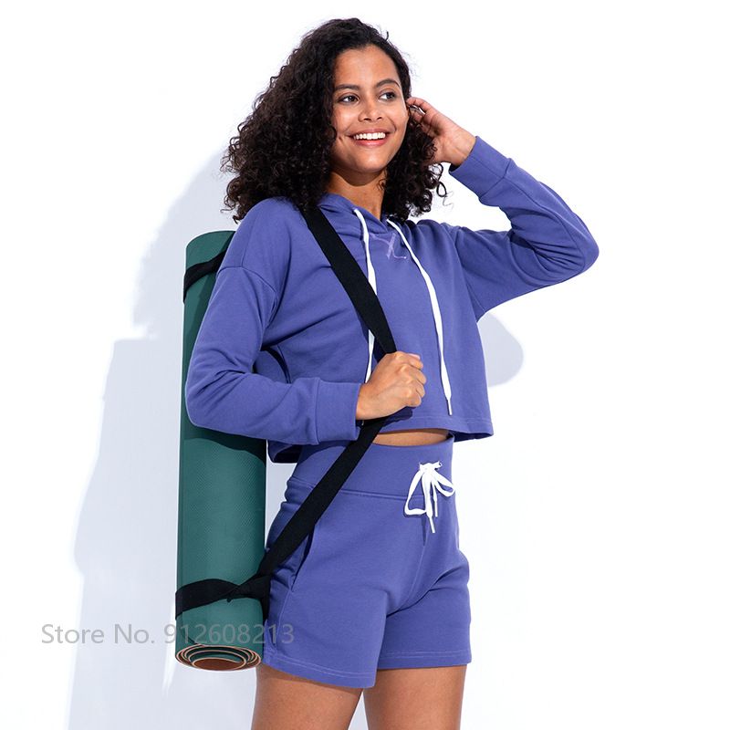 Women Loose Tracksuits Sports Tennis Clothing Set Hooded Crop Tops High Waist Shorts 2 Piece Set Long Sleeve Gym Active Wear