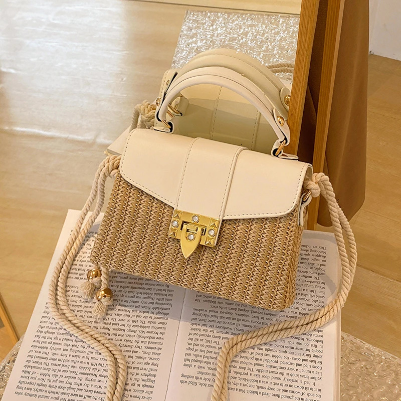 PU Straw Splicing Square Hand Hasp Rope High Quality Shoulder and Crossbody Bags for Women 2024 Casual Hot Sale Summer H6.29#36 ddmymoon