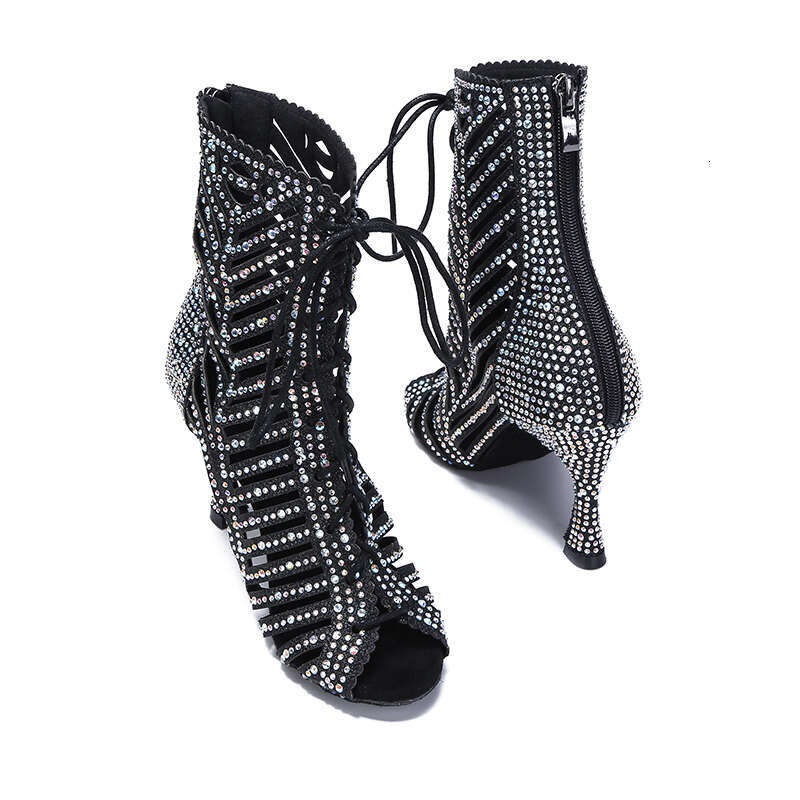 Social Dancing Boots Rhinestone Latin Ballroom Shoes Gold Women Tango Salsa Waltz Dance Peep Toe High Low Heels Sandals