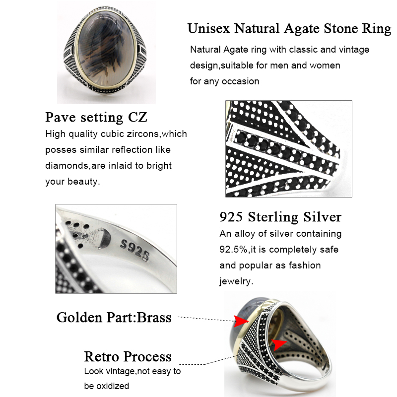 Turkey Mens Ring with Big Natural Agate Stone 925 Sterling Silver Vintage Aqeeq Male Ring Turkish Jewelry Birthday Party Gift