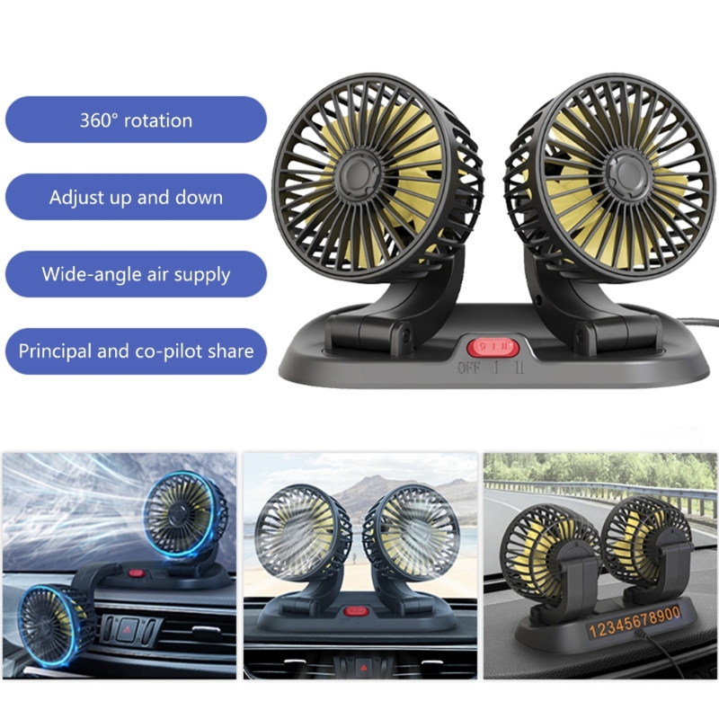 Car Cooling Fan Angle Adjustable Dual Head Fan with Parking Phone Number Plate N0HF