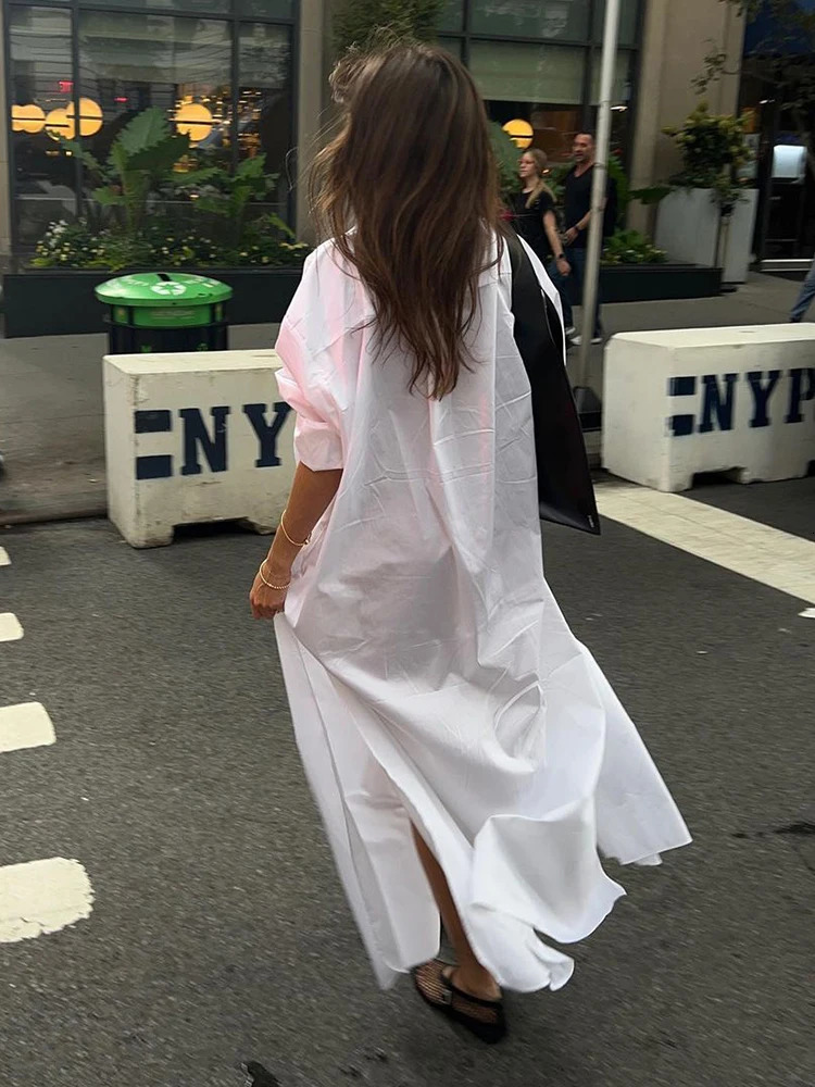 Lapel Single Breasted Split Shirt Maxi Dresse Long Sleeve Loose Clothes Robes Summer Streetwear Casual Femme Vestidos 240627