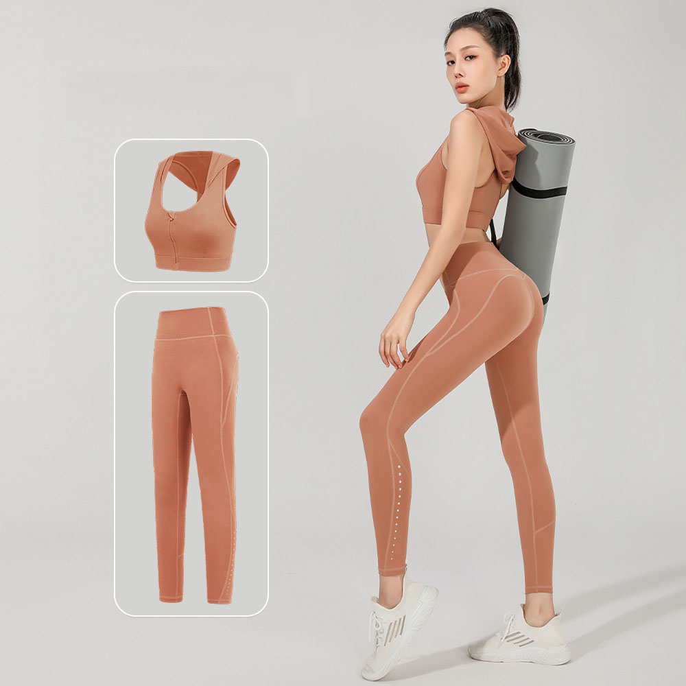 2 Pieces Yoga Sets High Impact Bra With Zipper Hooded Tops Hip Push Up Leggings Gym Workout Clothing Pilates Stretchy Activewear
