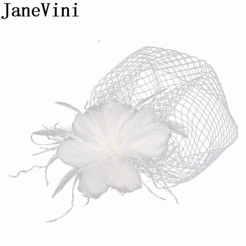 JaneVini 2020 New White Wedding Hat with Comb Veil Feather Wedding Hats Fascinators for Women Elegant Brides Hair Decoration