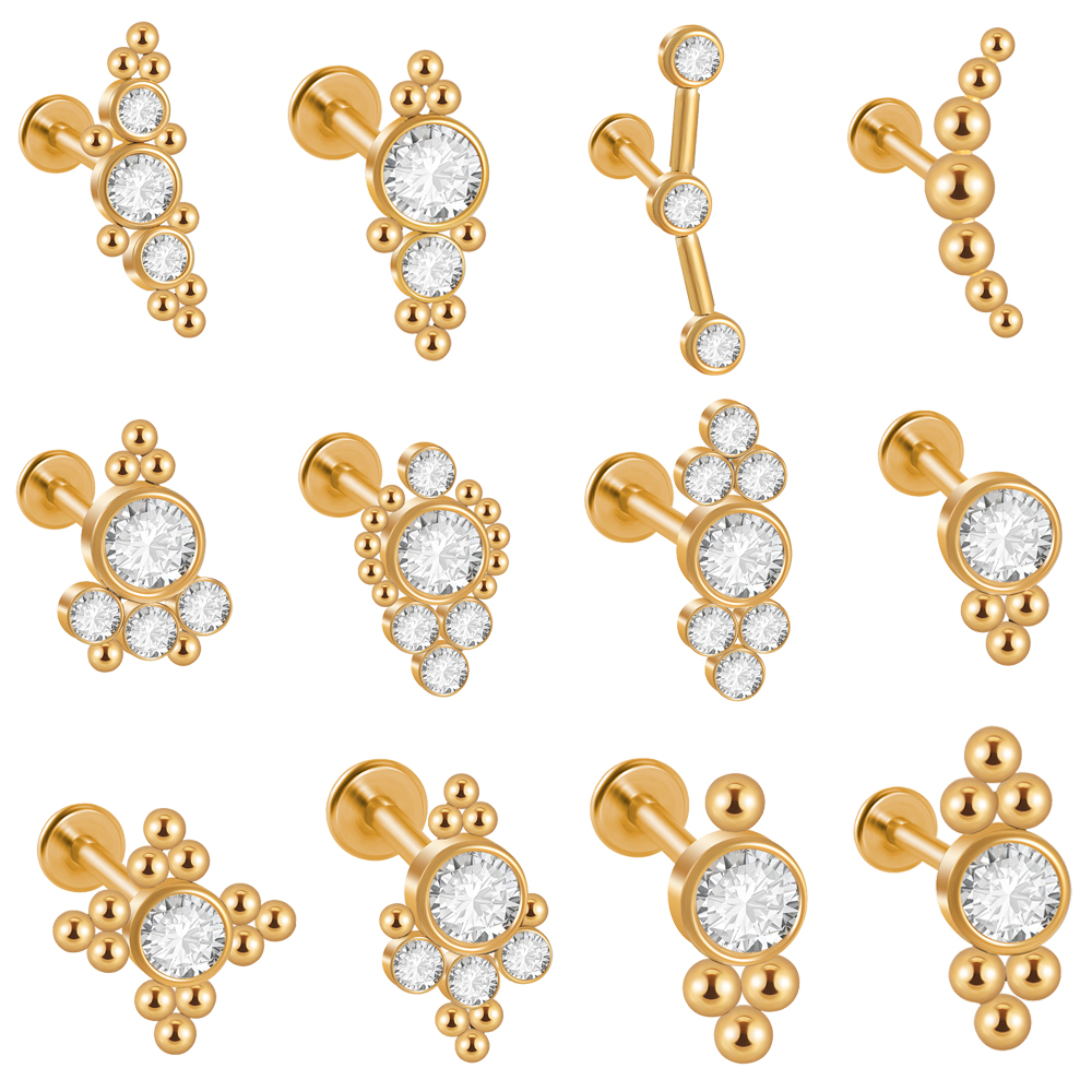 12PCS 316L Surgical Steel 16G Cz Labret Lip Ring Gold Plated Crystal Cluster Ear Cartilage Tragus Helix Lobe Earrings Piercing