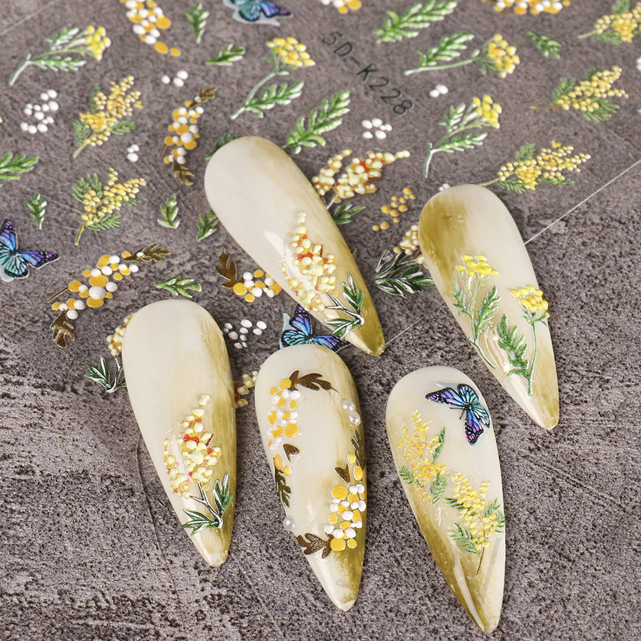 5D Acrylic Embossed Nail Art Stickers Yellow Mimosa Butterfly Daisy Flower Gel Polish Engraved Manicure Sliders Nail Tips BE5D-K
