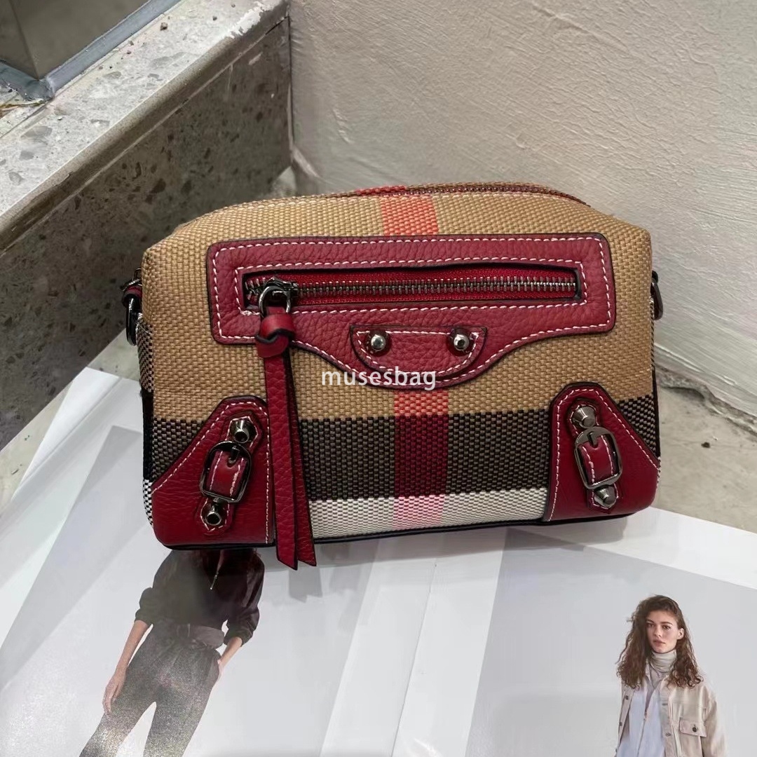 European and American retro niche design new top layer cowhide canvas plaid contrasting small square bag mobile phone bag wallet mom bag
